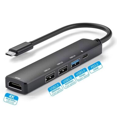 Laidas MHL adapteris USB C - HDMI + 3xUSB A + USB C PD100W 0.15m Laidas MHL adapteris USB C - HDMI + 3xUSB A + USB C PD100W 0.15m