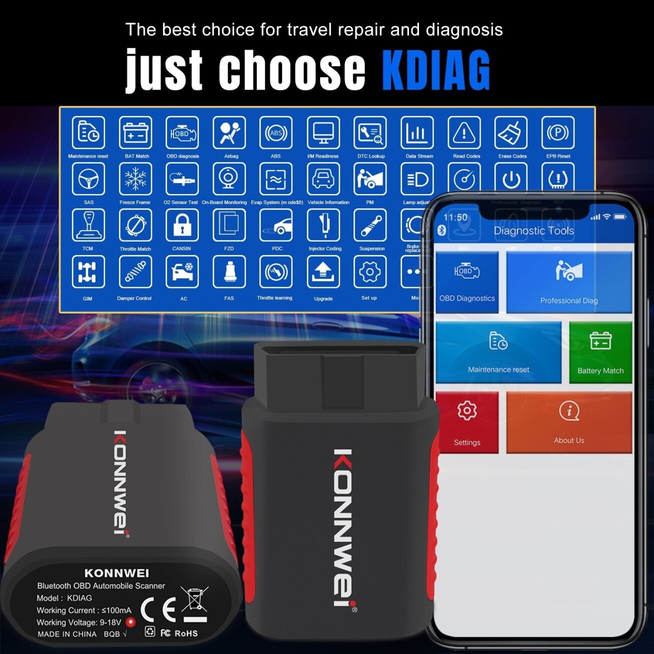 OBD2 diagnostinis skaitytuvas KDIAG /Konnwei/ 4
