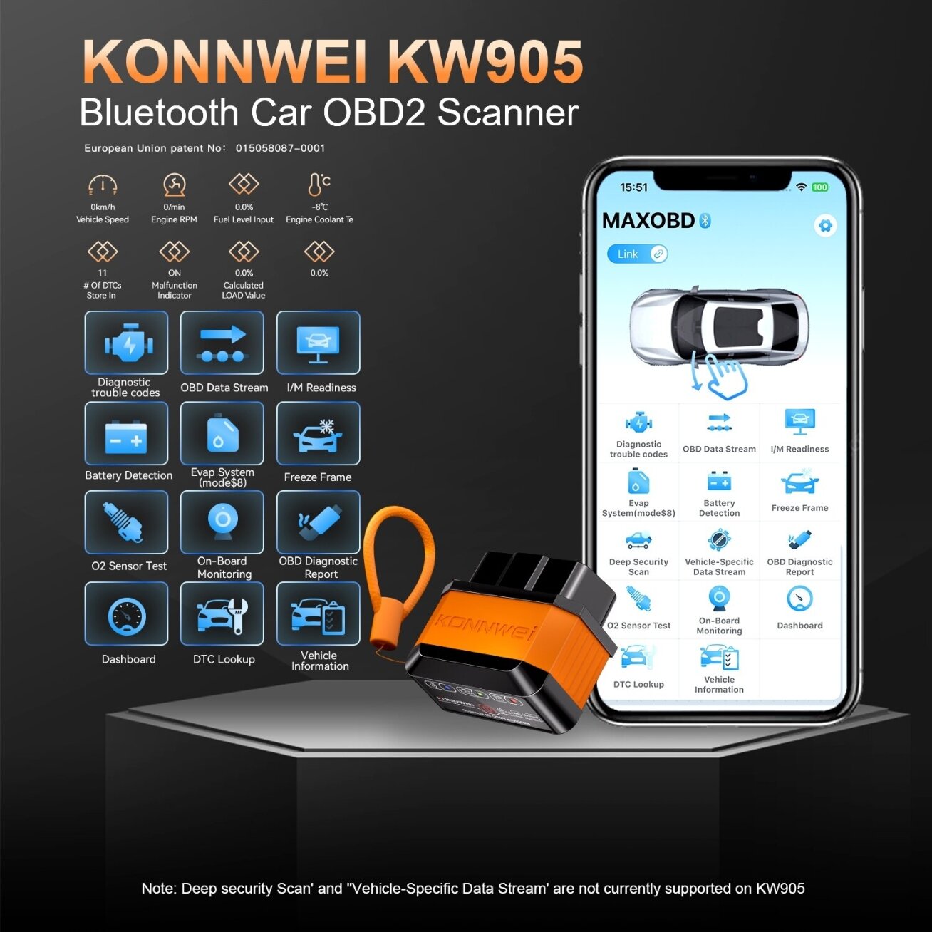 OBD2 diagnostinis skaitytuvas KW905 /Konnwei/ 1 OBD2 diagnostinis skaitytuvas KW905 /Konnwei/ 1